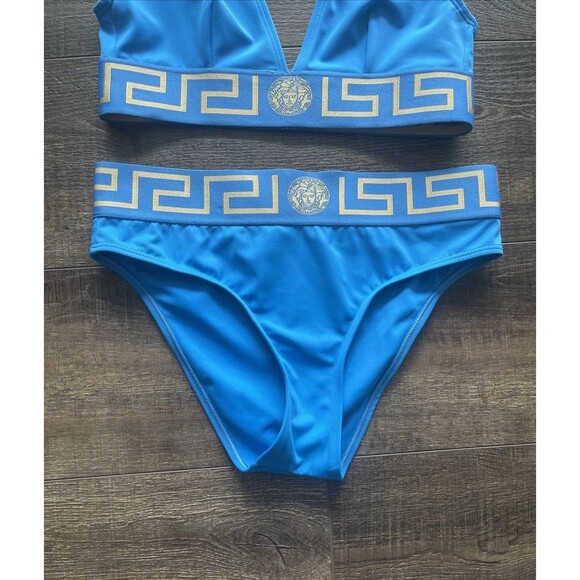 Versace Mediterranean Blue Greca Border High Waist Swimsuit Bikini Set Size 2 - Picture 5 of 13